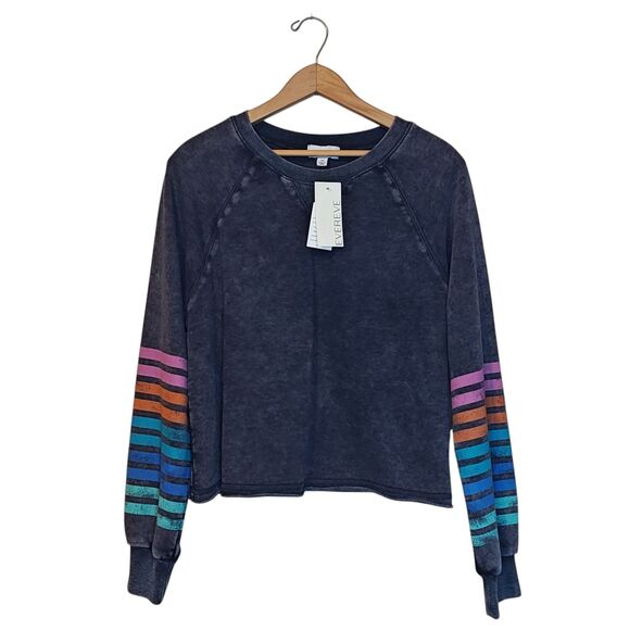Evereve Sweatshirt Womens Medium Navy Beck Stripe Trim Rainbow Sleeve Crewneck - Picture 1 of 12